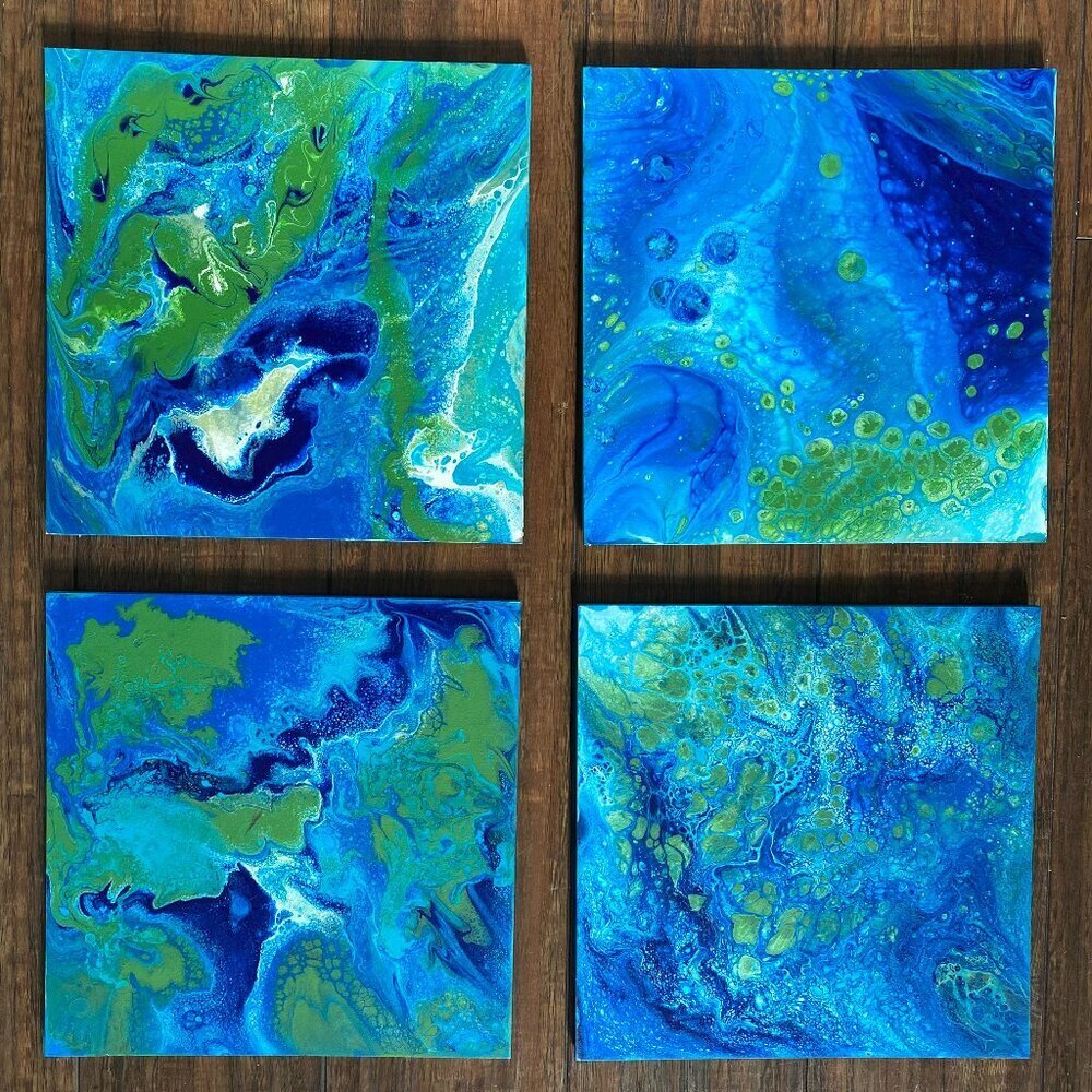 Collection of Four Original Acrylic Paintings "Shades of the Ocean" Tiles 9"x 9"